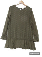 Sz L Soft Surroundings Olive Green Chiffon SWISS POLKA DOT Tunic Top Mini Dress