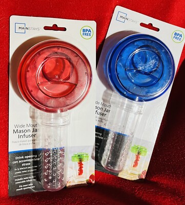 2 PKGS MAINSTAYS WIDE MOUTH MASON JAR INFUSERS 1 Red 1 Blue NEW