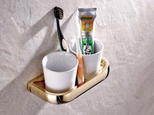 Gold Color Brass Toothbrush Holder Double Ceramic Cups Holder Wall Mounted