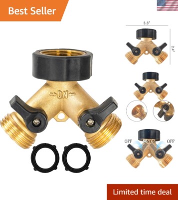 Solid Brass 2 Way Hose Connector Tap Splitter with 4 Washers - Heavy Duty Design
