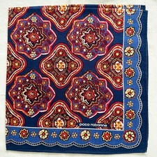 Vintage Mens Handkerchief Blue Cotton Geometric Floral Pattern Pocket Square 18"