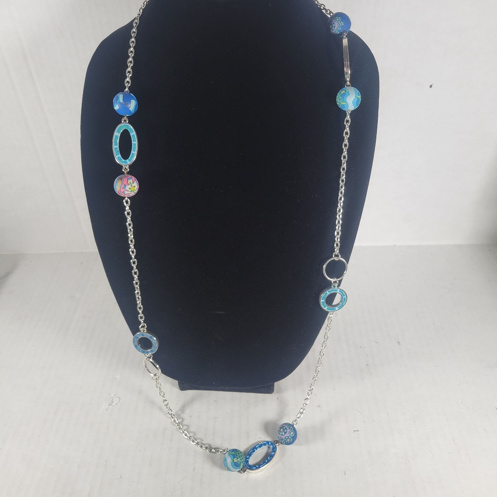 Retro Blue Turtle Floral Clay Beads Silver Chain 36 Inch Necklace