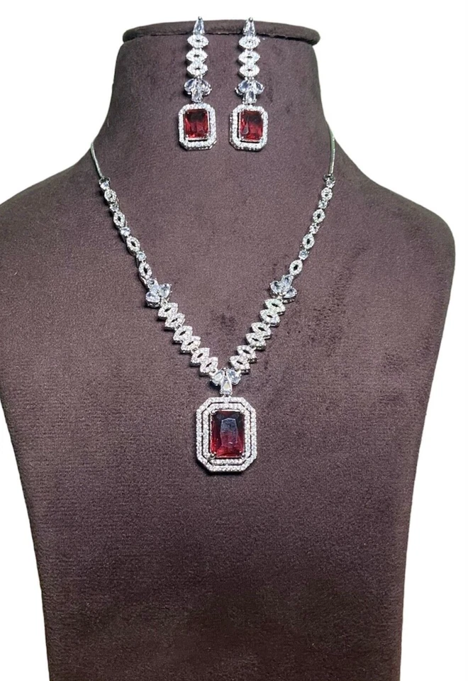 Ruby Statement Necklace Set ,925 Sterling Silver Earring With Necklace , - Image 2 of 3