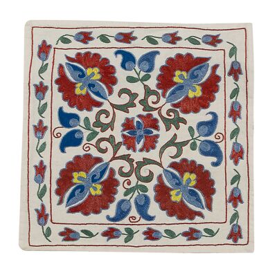 18''x19'' Uzbek Suzani Pillowcase. Hand Embroidered Cotton & Silk Cushion Cover