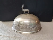 Antique Large Silver Plate Meat Platter Dome Deer Stag Hunting Handle Serving
