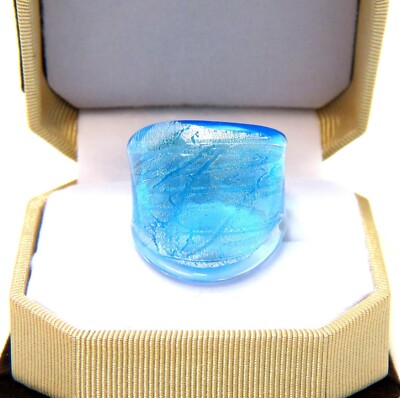 Bright Blue with Silver Fleck Cracked Paint Hand Blown Glass Bling Ring Sz 8.5