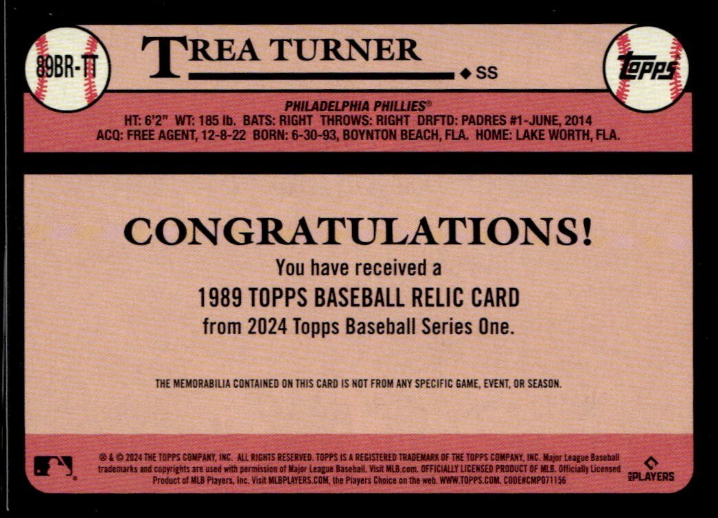 2024 Topps Series 1 - Trea Turner 1989 Topps Baseball Relic 2024 Topps Series 1 - Trea Turner 1989 Topps Baseball Relic