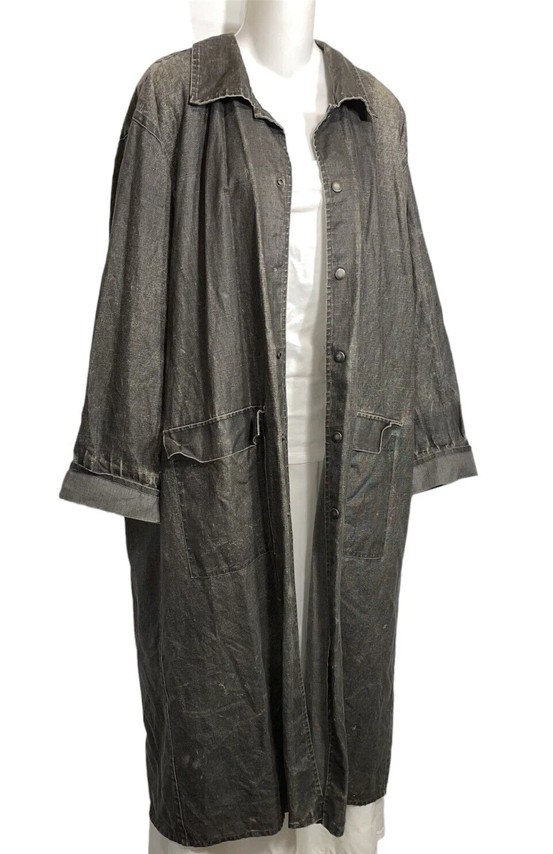 Vintage FLAX by Jeanne Engelhart Linen Jacket Small Long Denim Duster Chore  Coat