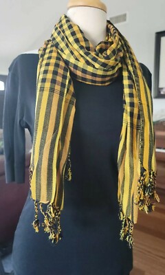 Krama 100% Cotton Handmade Khmer Scarf Strips Black/Yellow 65 x 25 Inches 