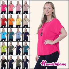 Womens Cotton T-Shirt Necklace Top Italian Lagenlook Ladies Plain Summer Tops