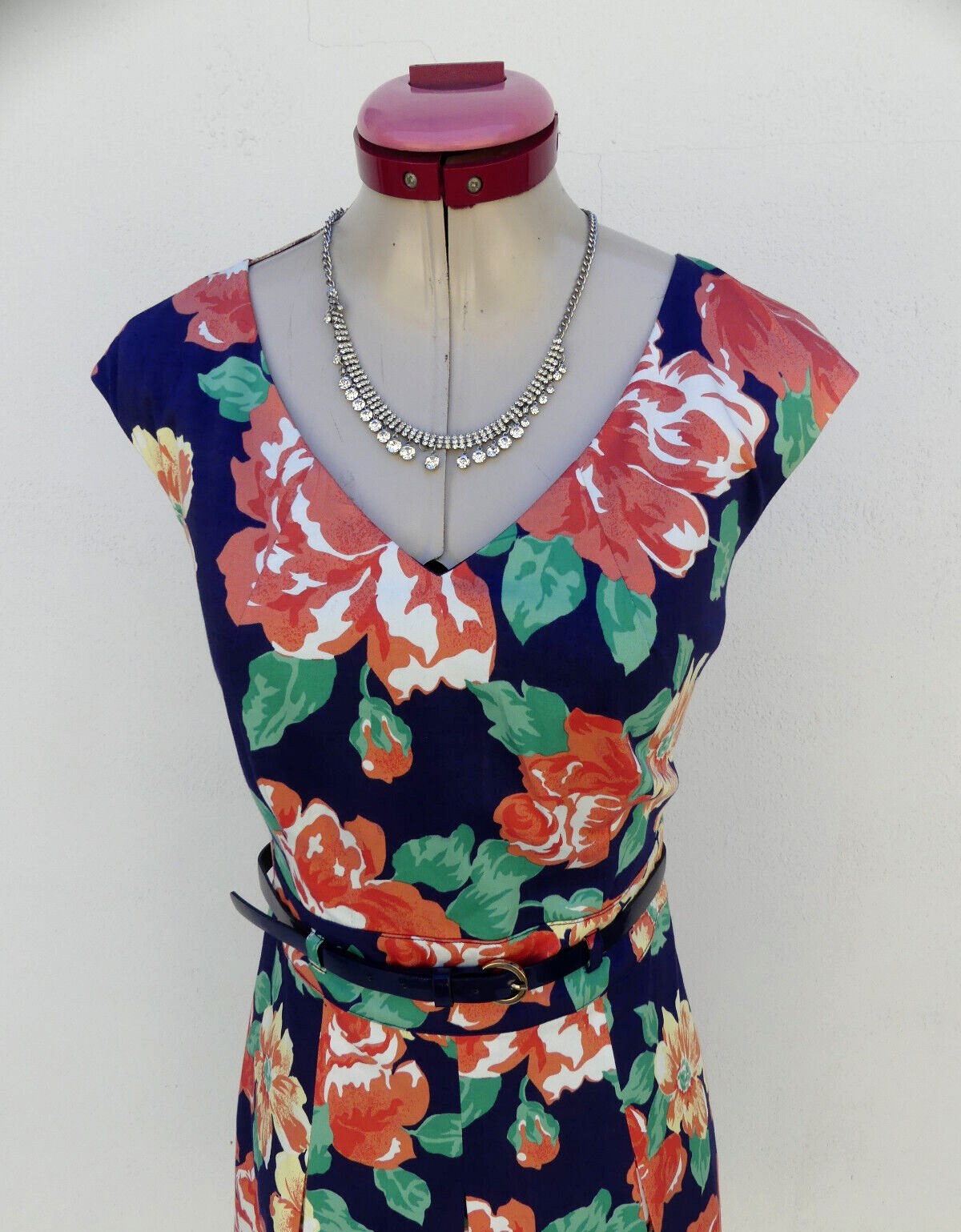 DIANA FERRARI Blue Floral Print DRESS Size 10 Belted Navy Retro Sleeveless Event