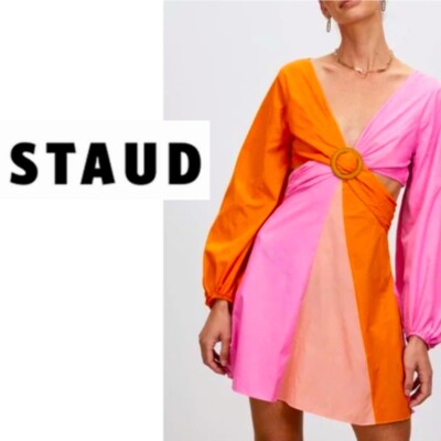 staud pink and orange dress NWT Staud Tangier Ruched Cutout Dress in Coral