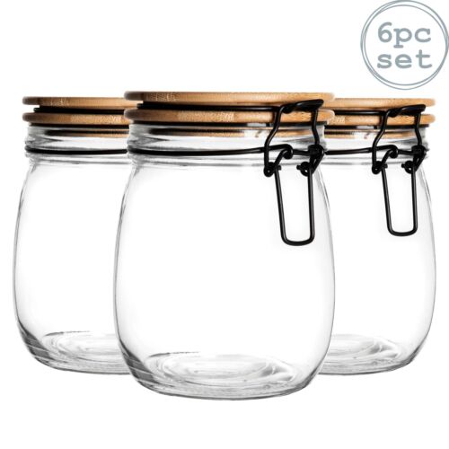 6x Wooden Clip Lid Storage Jars Modern Food Kitchen Container 750ml Black Seal - Afbeelding 1 van 5