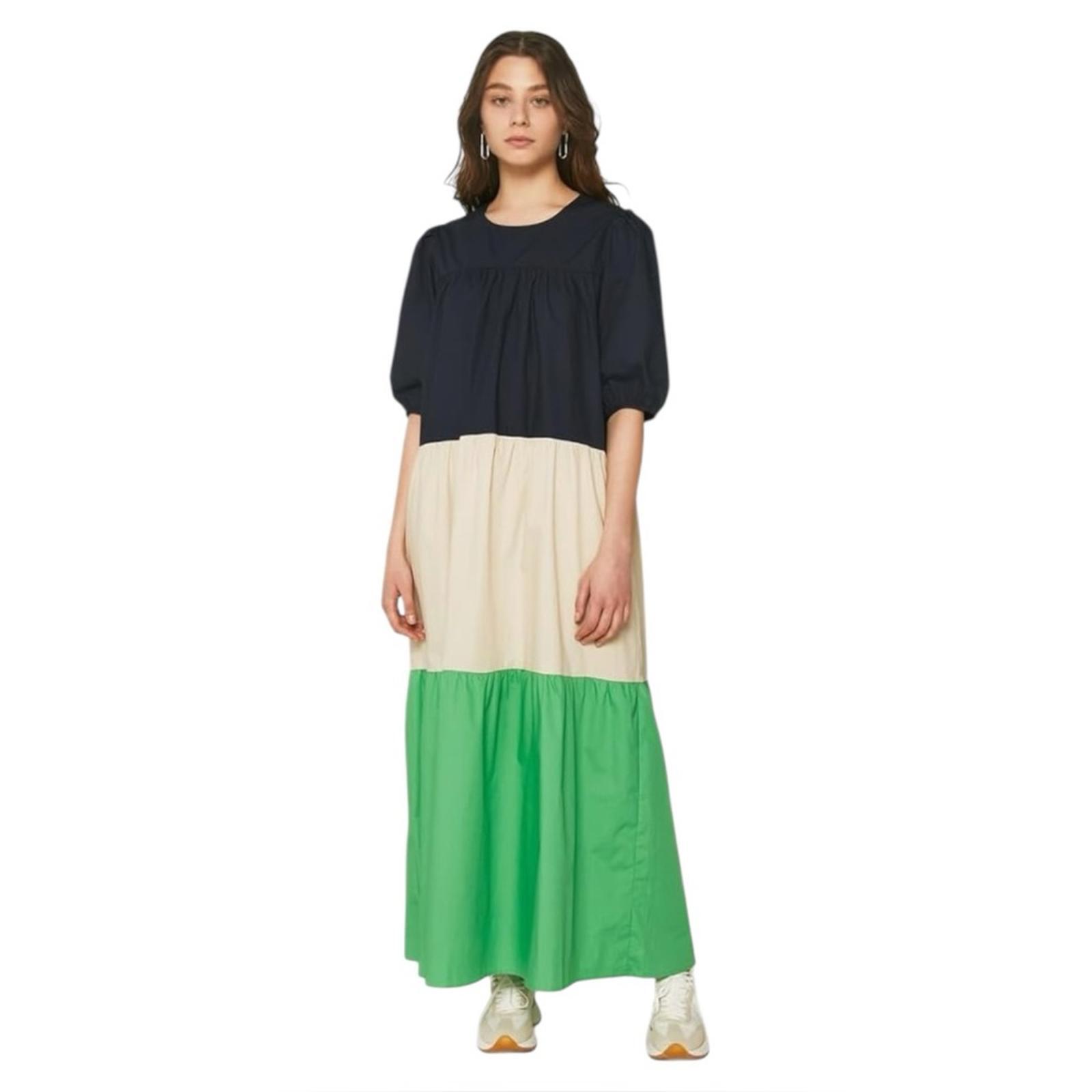 Compania Fantastica - Maxi Vestido Verde Tricolor con Volantes Multicolores Mediano
