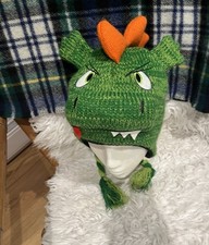 Winter Green Dinosaur Hat With Tassels Fleece Lined S/M