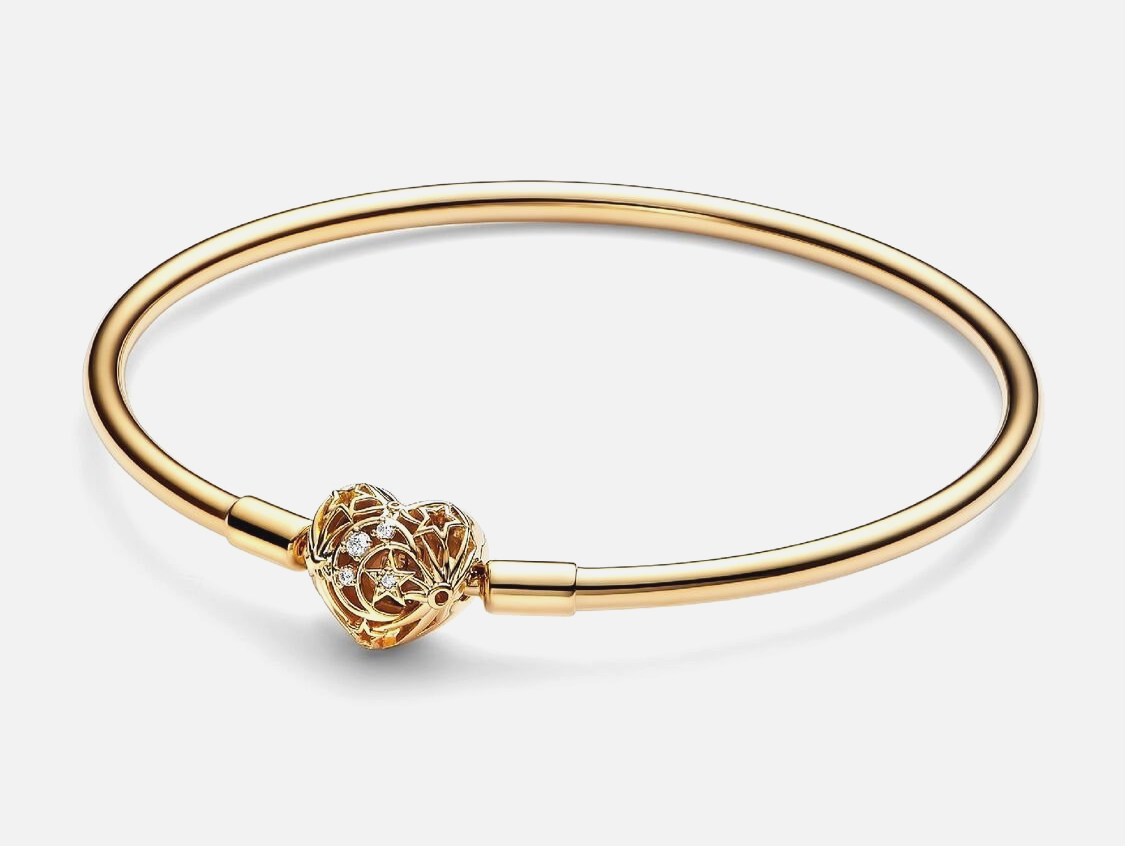 NEW Pandora Moments Gold-Plated Celestial Heart Clasp Bangle Sz