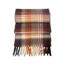 Vintage 1960s-70s Wool Plaid Fringe Scarf  Brown Orange Tan Plaid  62x12