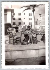Vtg B W Snapshot Woman In Swimsuit Relaxing At Tropical Hotel Palm Tree 1950s