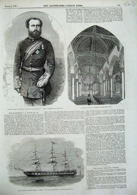 Alter antiker Druck 1856 Liverpool Schiff Akbar Kapelle Egge Major Windham 19.