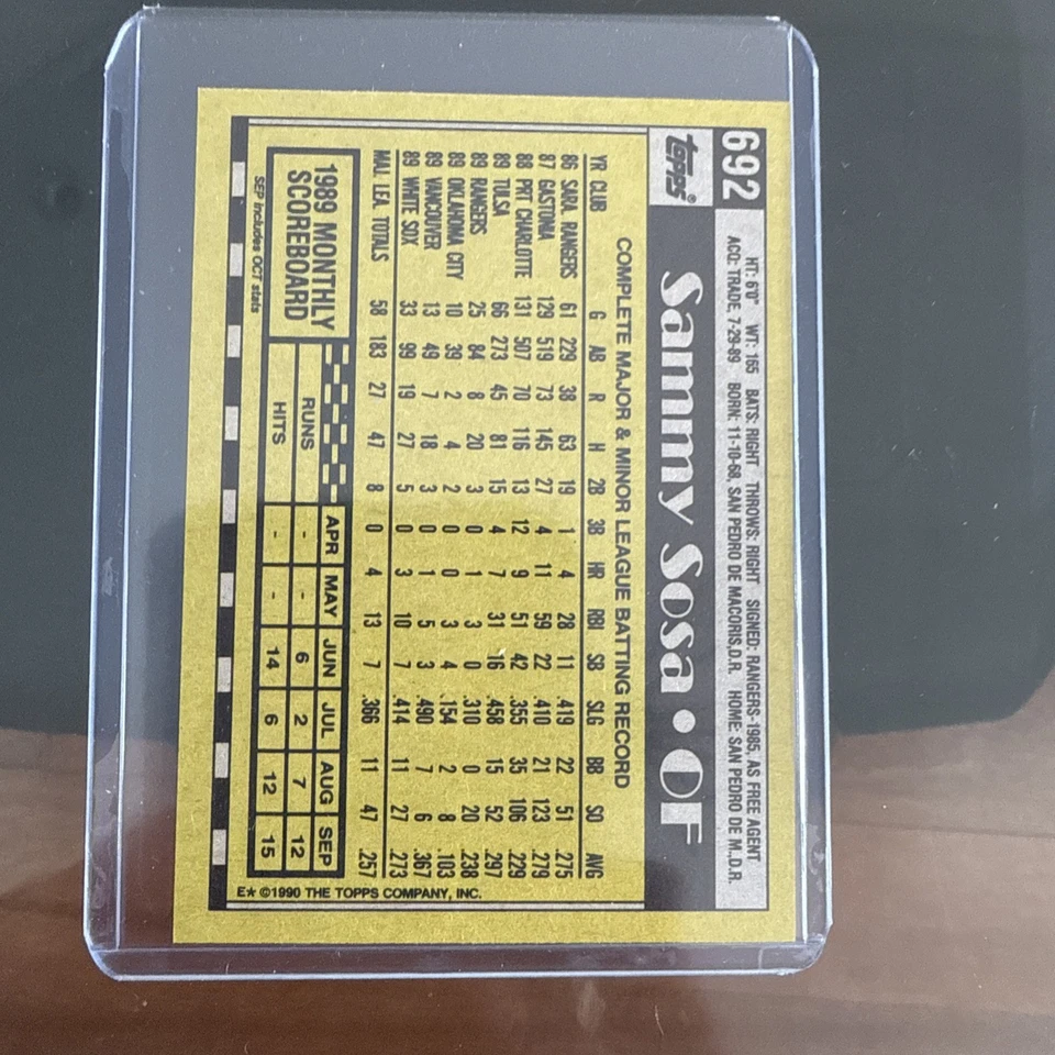 Tarjeta de error 1990 Topps Baseball #692 Sammy Sosa Rookie RC White Sox D.O.B ERROR Foto 2 de 4