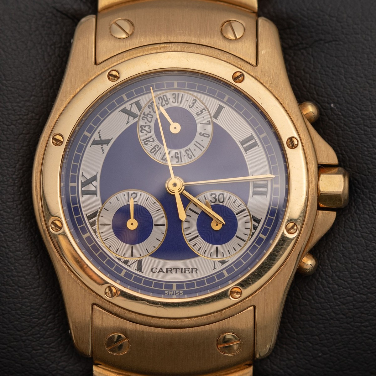 Cartier Santos Ronde Chronograph Watch 30mm Blue Dial 18K Yellow