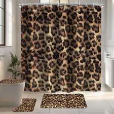 4 PCS Leopard Print Shower Curtain Set 72Wx72H,Toilet Lid Cover,Non-Slip Rugs an