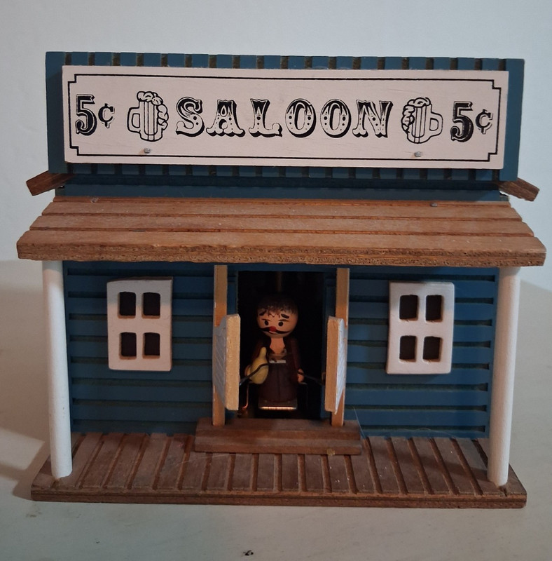 Miniature Wooden "SALOON" Building music box w/ Figure, Blue Brown White 