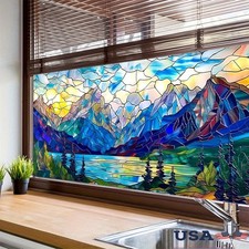Stained Glass Window Film Mountain Lake Privacy Decor Static Cling Removable Art