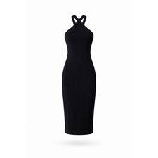 Old Navy Midi Dress Womens Medium Black Ribbed Halter Cross Neck Side Slit NWT