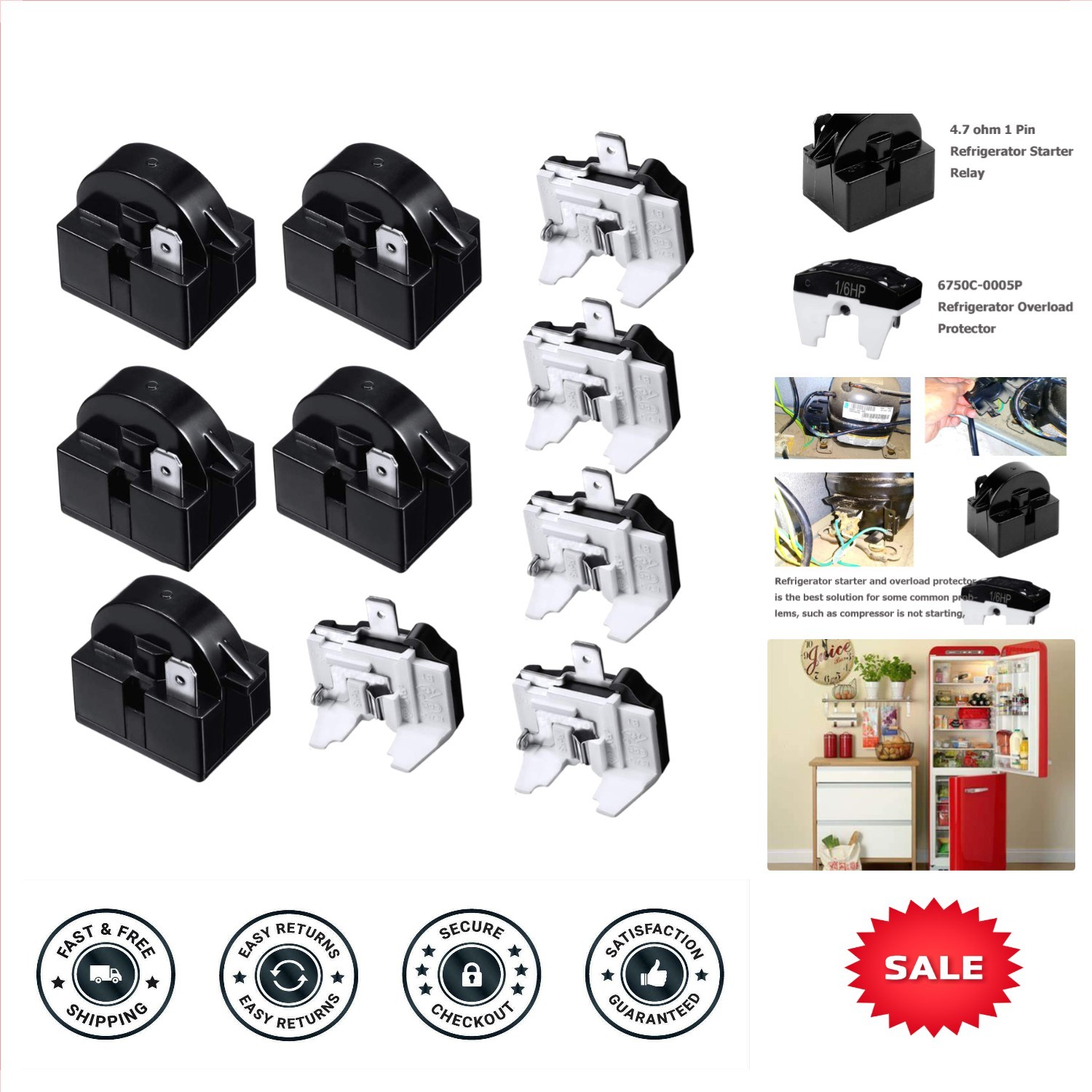 Durable Refrigerator Compressor Relay and Overload Kit 5 Sets Simple Installation-image