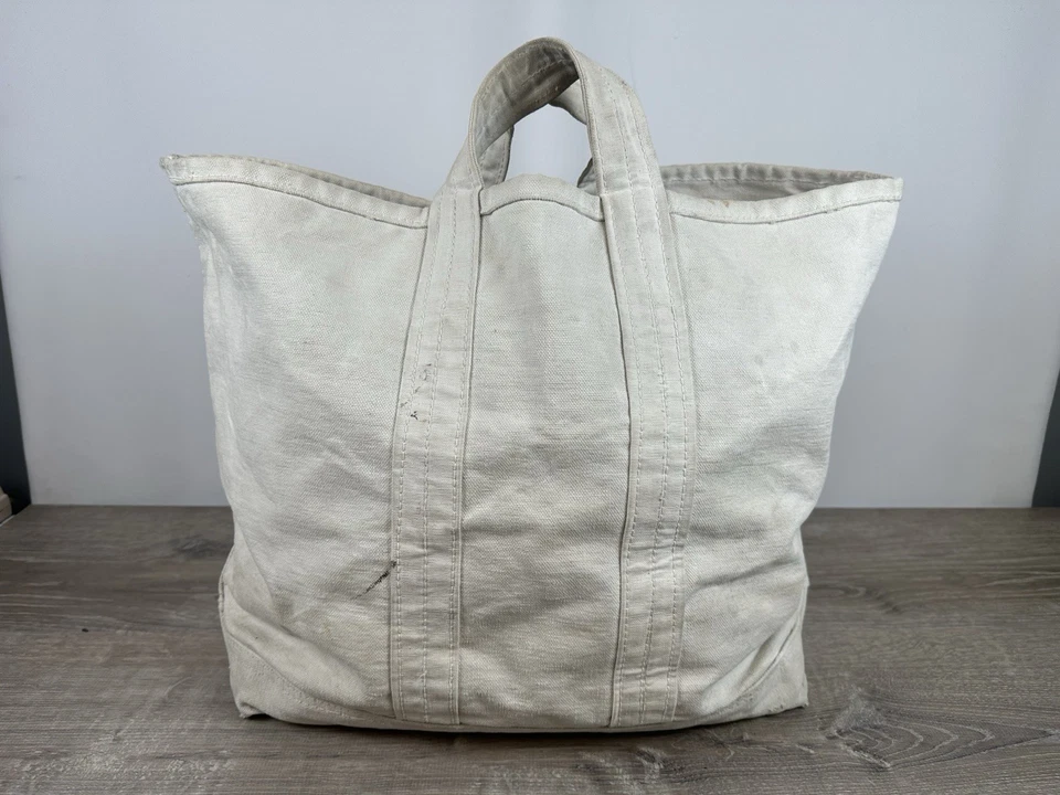 Bolso de Mano Grande Vintage Años 50 Utilitario Lona Blanco Ribete Envejecido Barco Carbón Bolso Foto 4 de 4
