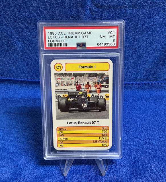 1986 Ace Trump Game #C1 Ayrton Senna - Formula 1 Lotus-renault 97T- PSA 8