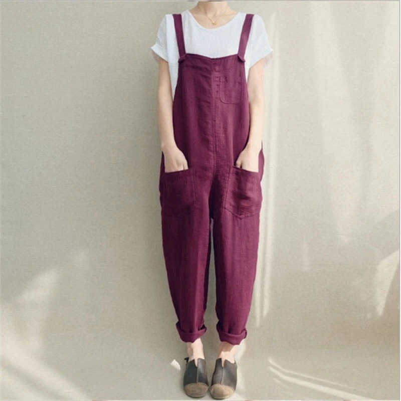 Monos Monos Mujer Peto Pantalón Talla Grande Mono Pantalones Algodón Lino Foto 4 de 4