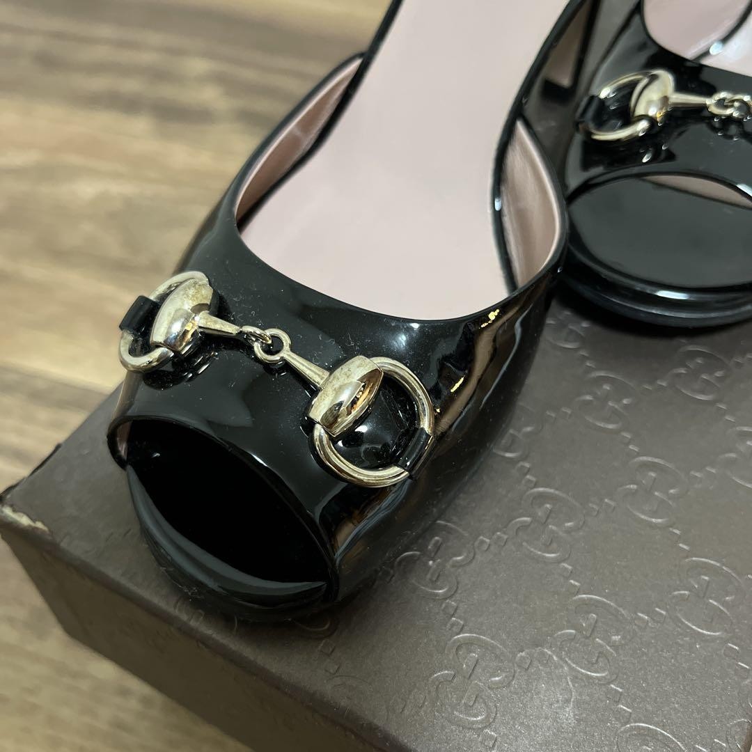 Gucci Women Black Enamel HorseBit Mule Sandals 5.0 US Mint Size 8cm Heel