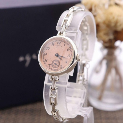 agete Small Seconds Quartz Watch Silver Pink Brown Dial With Box Working
