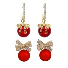 Red Bow Earrings for Women Rhinestone Bow Earrings Red Xmas Ball Earrings for Wo