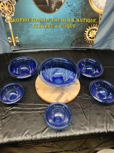 1930s Rare HAZEL ATLAS Cobalt Blue PILLAR OPTIC Nesting Mixing Bowls Set Of 6
