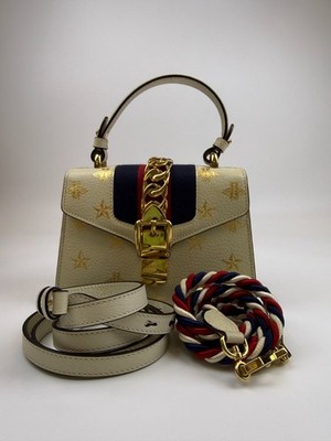 Gucci Mini Sylvie Bee Star Off White Calfskin Gold Pre-owned Top Handle Bag