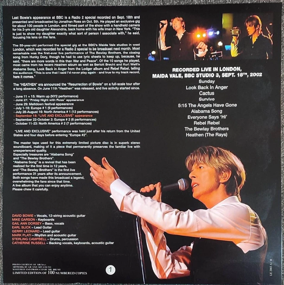 DAVID BOWIE - LIVE AND EXCLUSIVE, BBC rare lp PICTURE DISC, 100 COPIES ONLY - Image 2 of 3