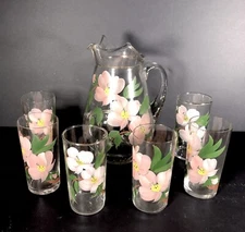 Pitcher with 6 Small glasses Ice Lip Mid Century Modern Hand Painted Vintage