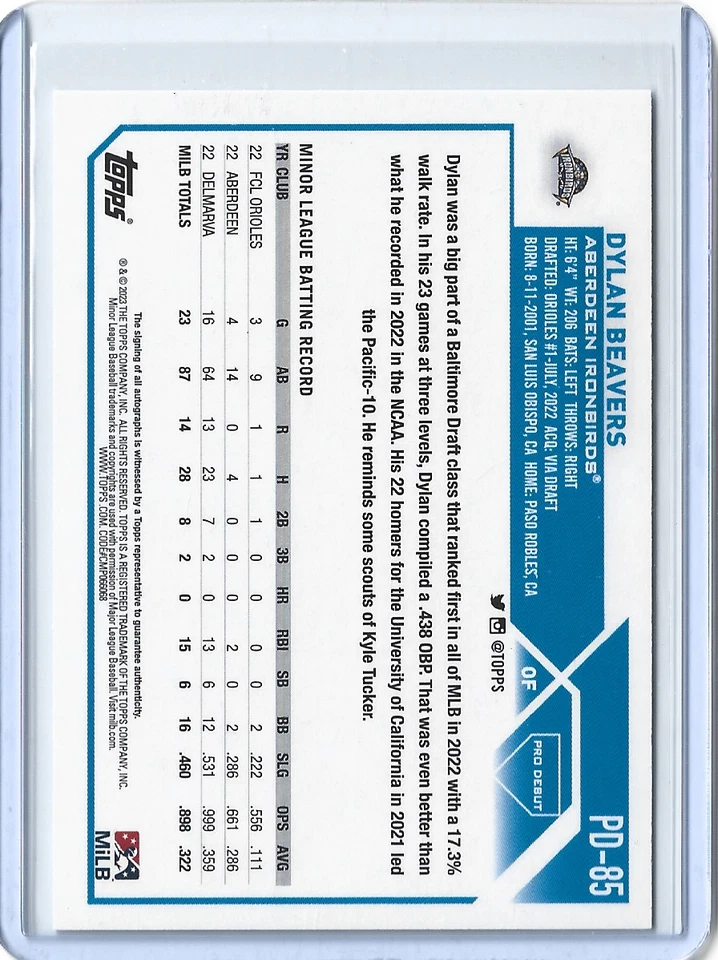 2023 Topps Pro Debut Autographs #PD85 Dylan Beavers - Image 2 of 2