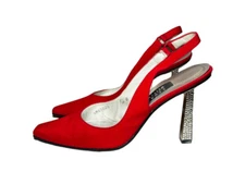 Stuart Weitzman RARE Red Satin Crystal Strass Heels Slingback Pumps Size 7.5