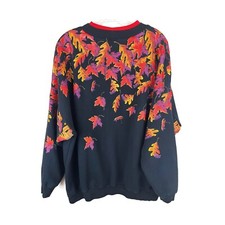 Vintage Sweatshirt Artisians Women Leaves 80s 90s SizeM / L Black Fall Print