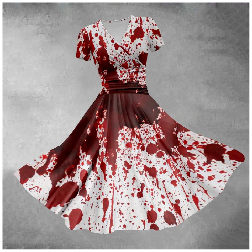Womens Halloween Bloody Print Short Sleeve A Line Cocktail Swing Party