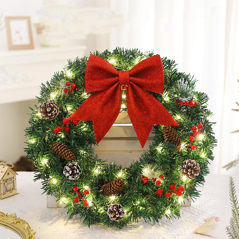 40cm Christmas Wreath with Lights Prelit Xmas Decorations Front Door