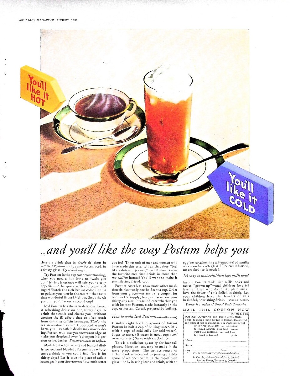 Original 1930 Postum Ad: and you&rsquo;ll like the way it helps you, hot 