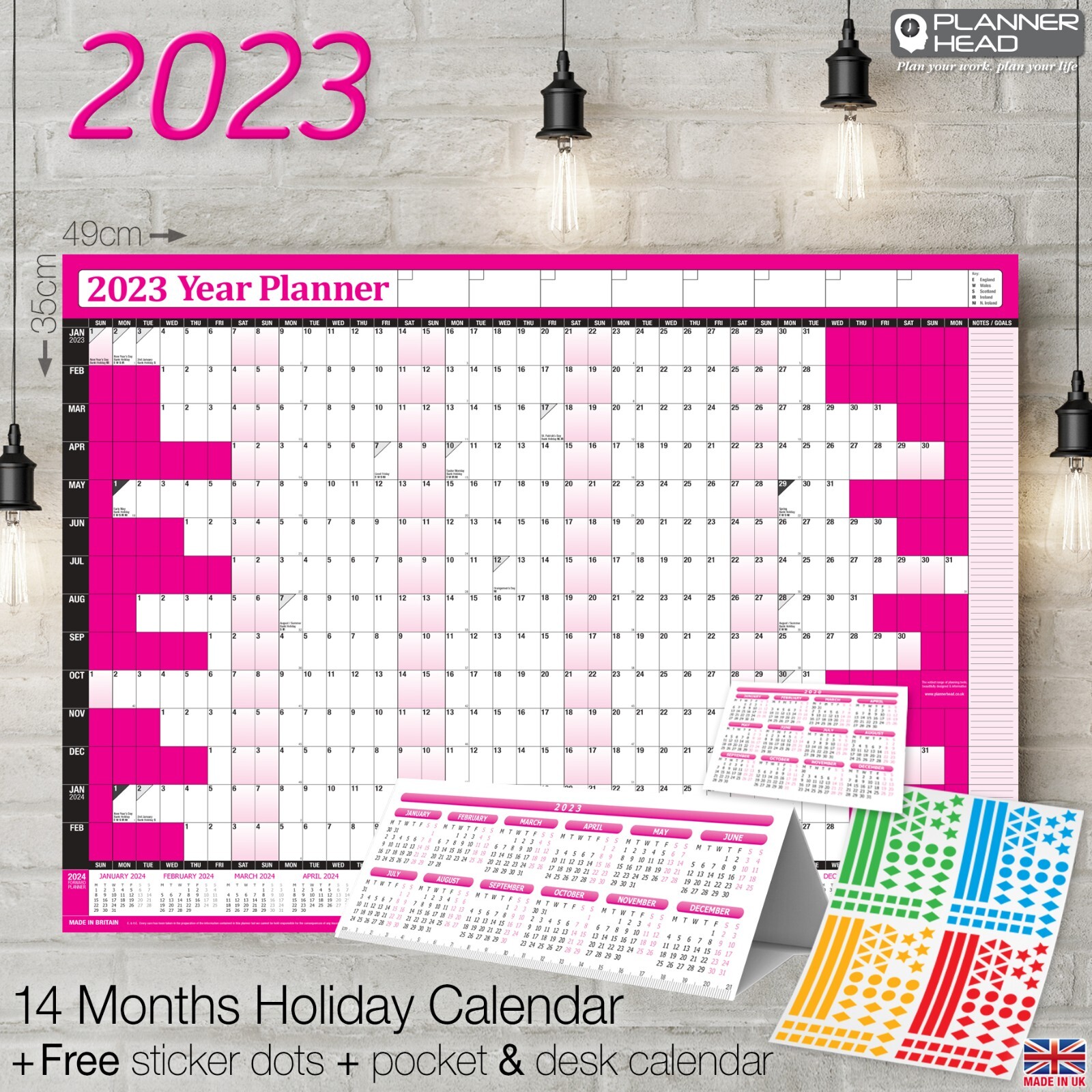 2023 Calendar Planner A3 Wall Chart HOT PINK + FREE Desk Calender & Sticker  Dots | eBay