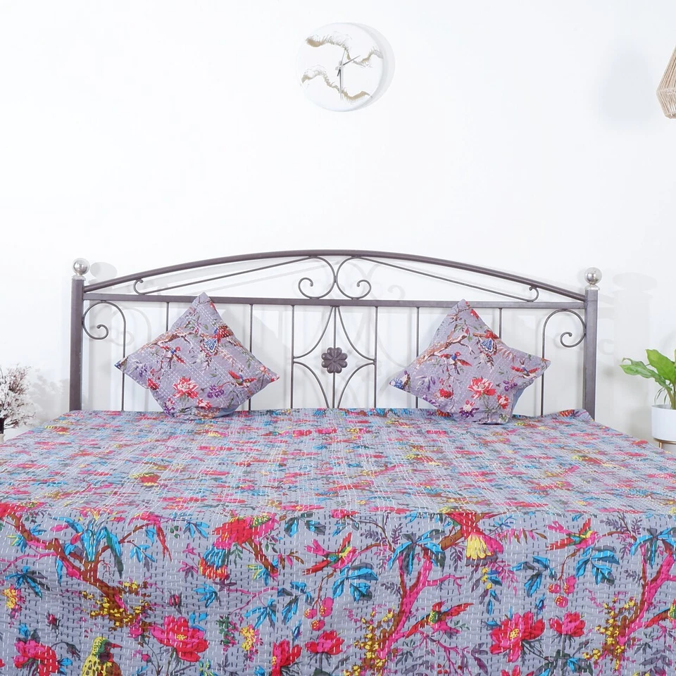 Ручной работы хлопок птица печати Kantha лоскутное одеяло покрывало плед королевский размер постельное белье - Изображение 3 из 4