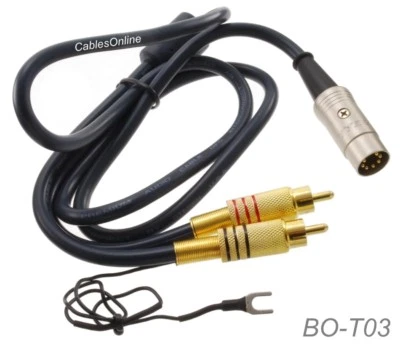 CABLESONLINE 3ft Din7 Male to Gold 2-RCA Male TurnTable Cable w/ Ground BO-T03