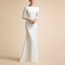 Elegant Muslim Mermaid Satin Wedding Dresses Scoop Long Sleeve Bridal Gown Train